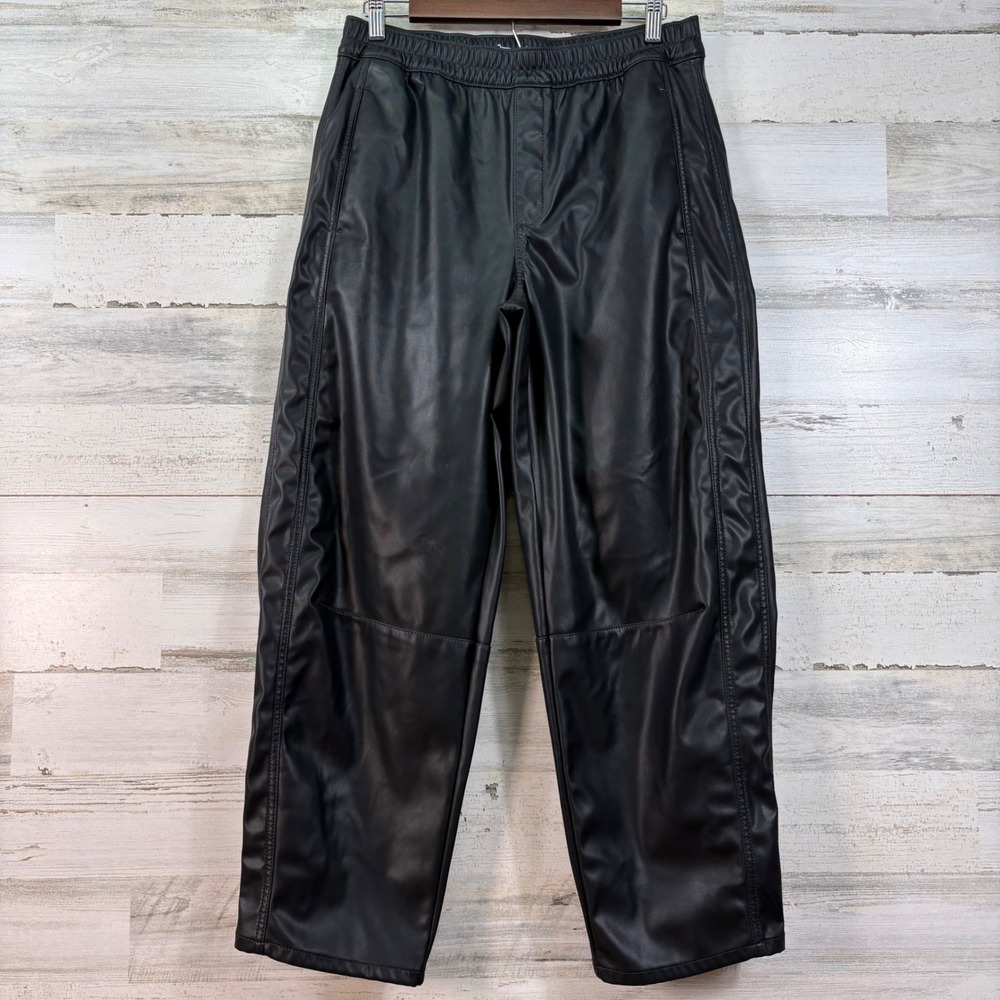 LOFT Womens Black Faux Leather Relaxed Wide Leg Jogger Pants Size M Moto Goth